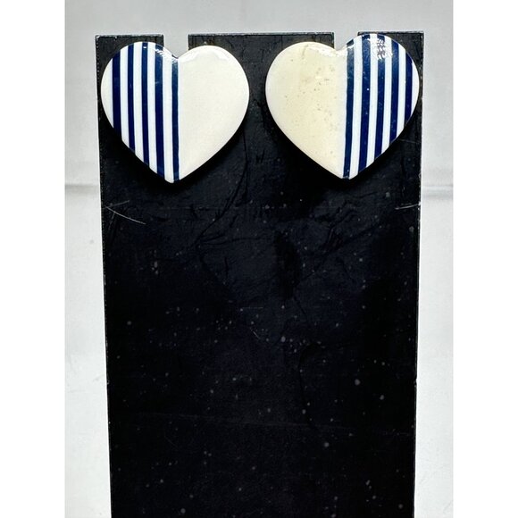 Heart-Shaped Ceramic Blue & White Striped Stud Earrings Womens Fashion Jewelry - Picture 2 of 4